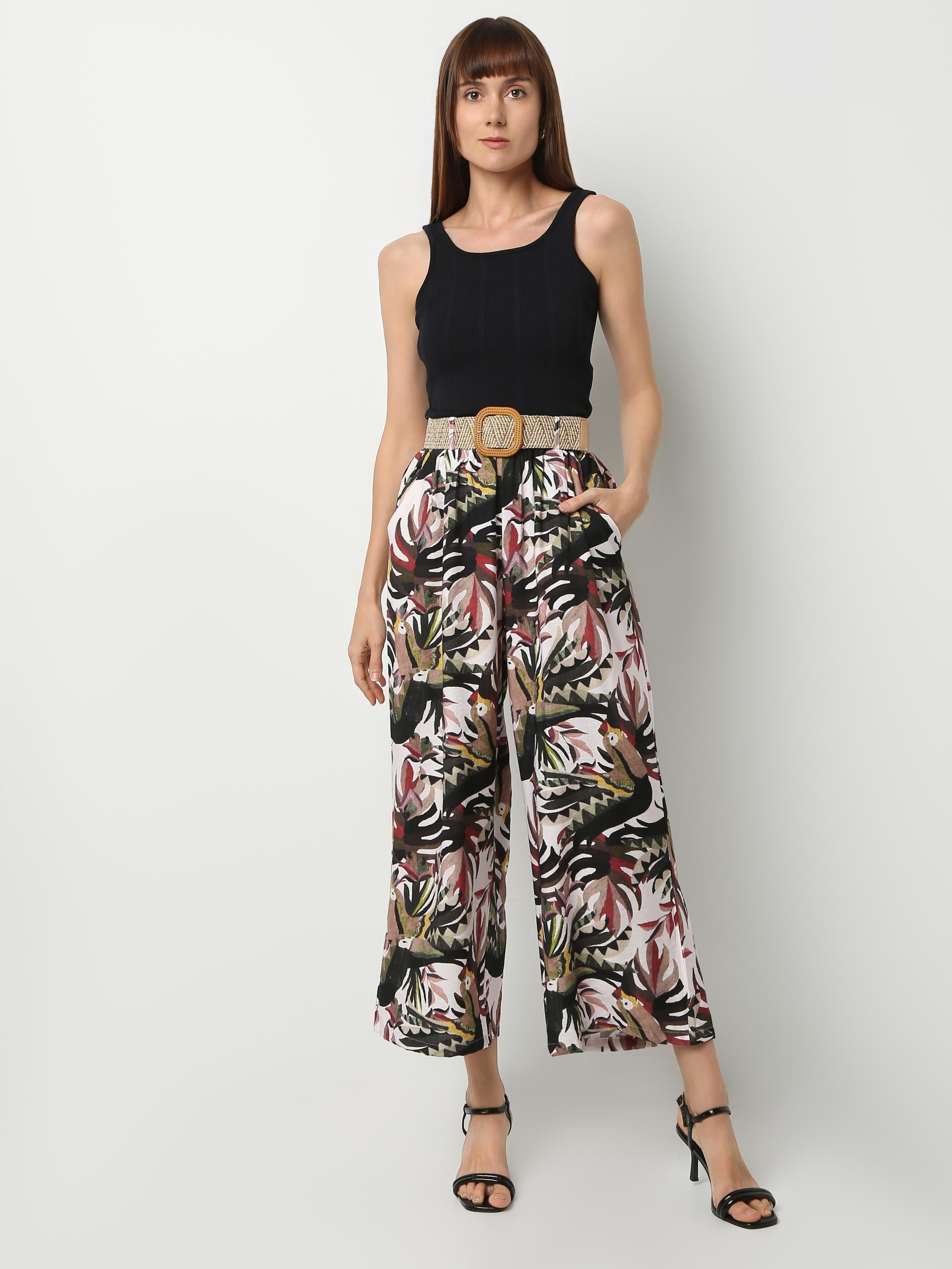 Wide-Leg Tropical Print Palazzo Trousers