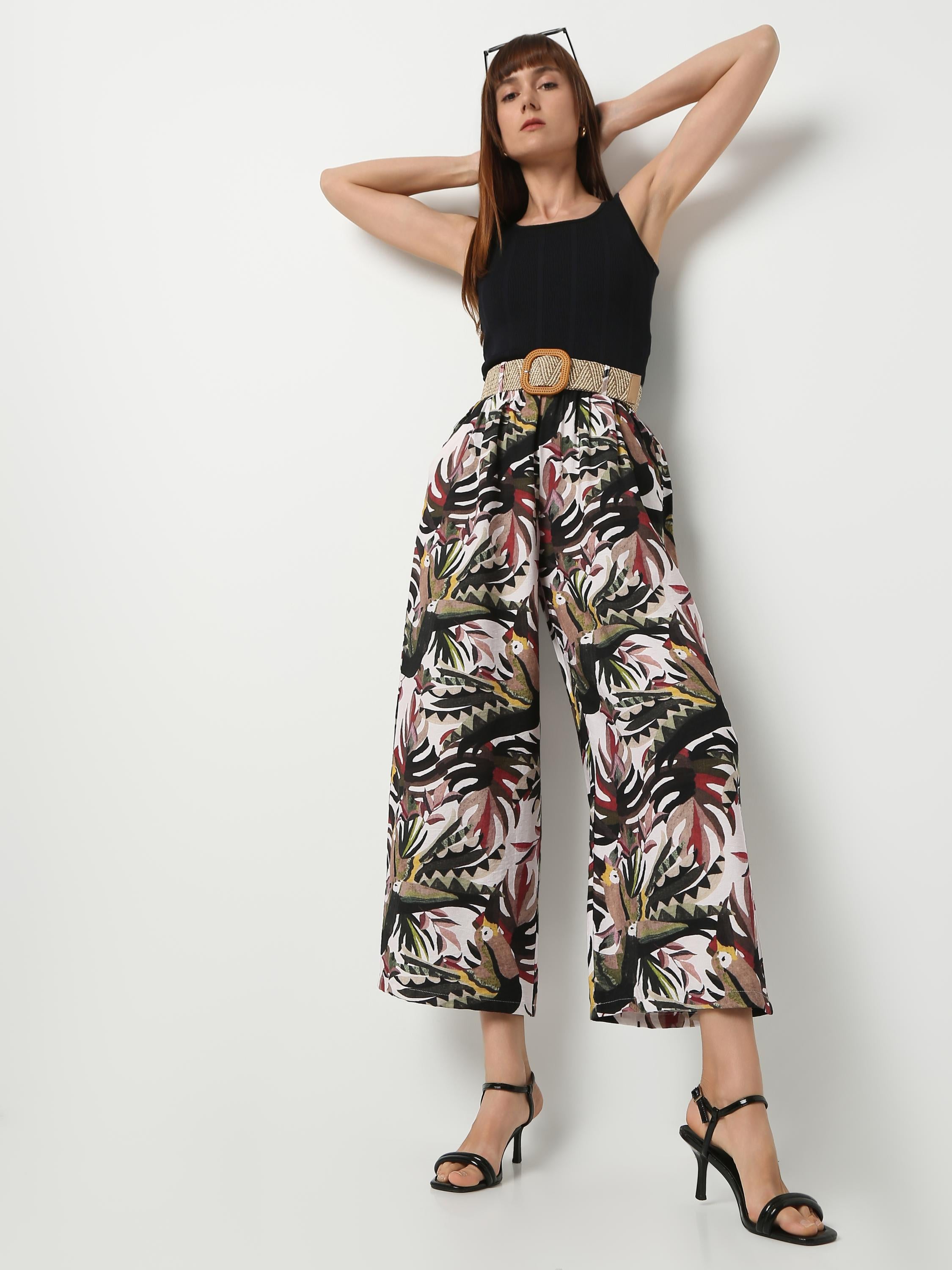 Wide-Leg Tropical Print Palazzo Trousers