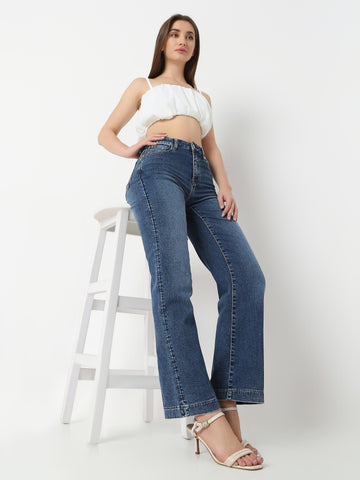 High-Rise Bootcut Flare Jeans — Full Length Faded Denim