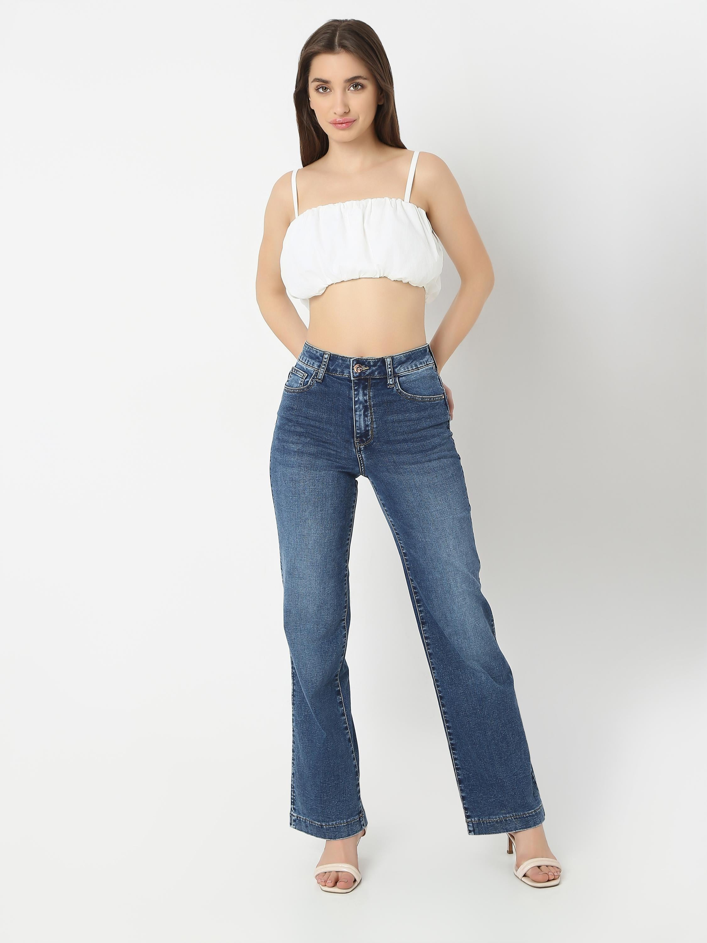 High-Rise Bootcut Flare Jeans — Full Length Faded Denim