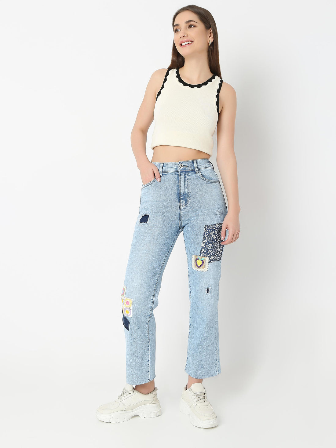 High-Rise Straight-Leg Jeans — Patchwork & Embroidered Appliqué Detail