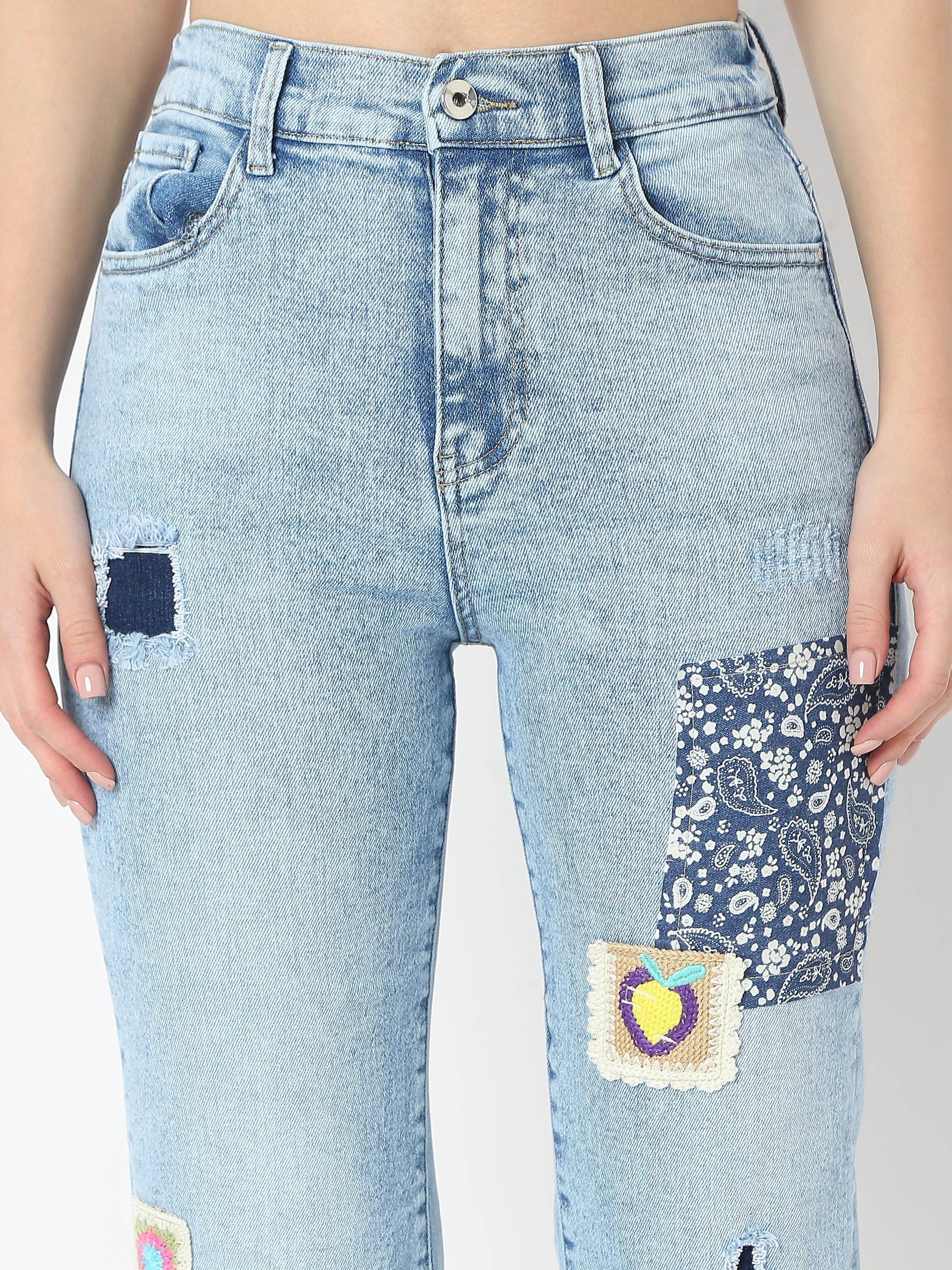 High-Rise Straight-Leg Jeans — Patchwork & Embroidered Appliqué Detail