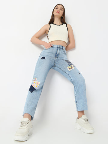 High-Rise Straight-Leg Jeans — Patchwork & Embroidered Appliqué Detail