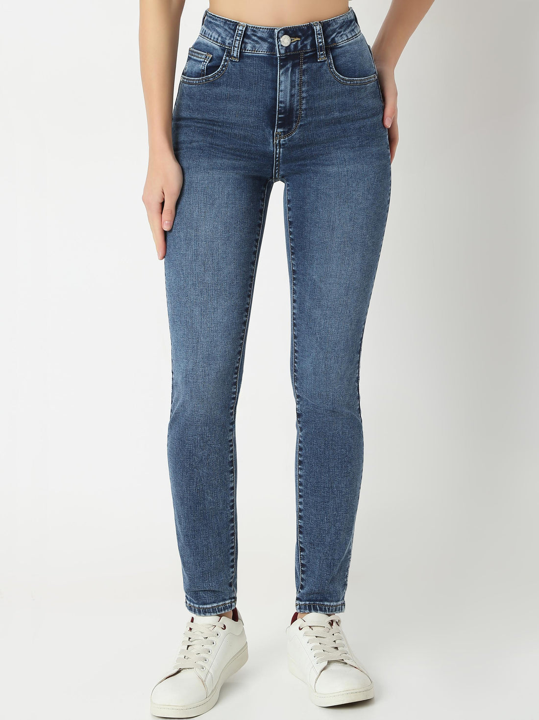 High-Rise Skinny Ankle Jeans — Whiskered & Faded Denim