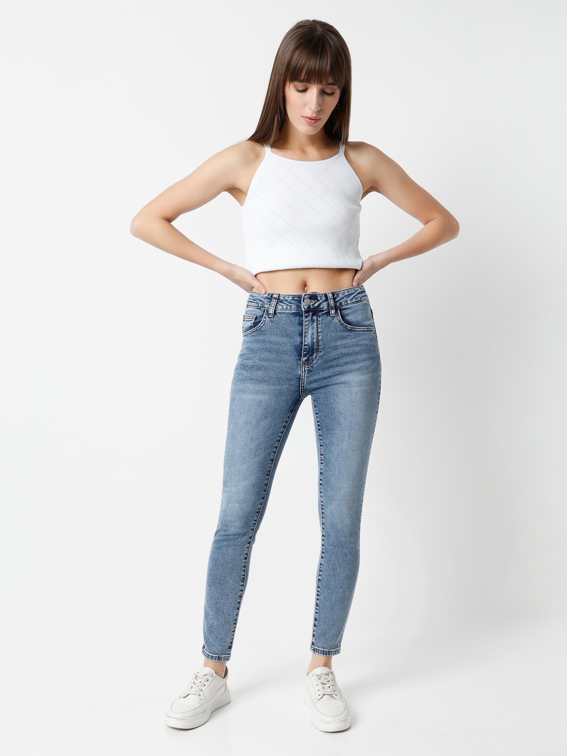 High-Rise Skinny Ankle Jeans — Whiskered & Faded Denim