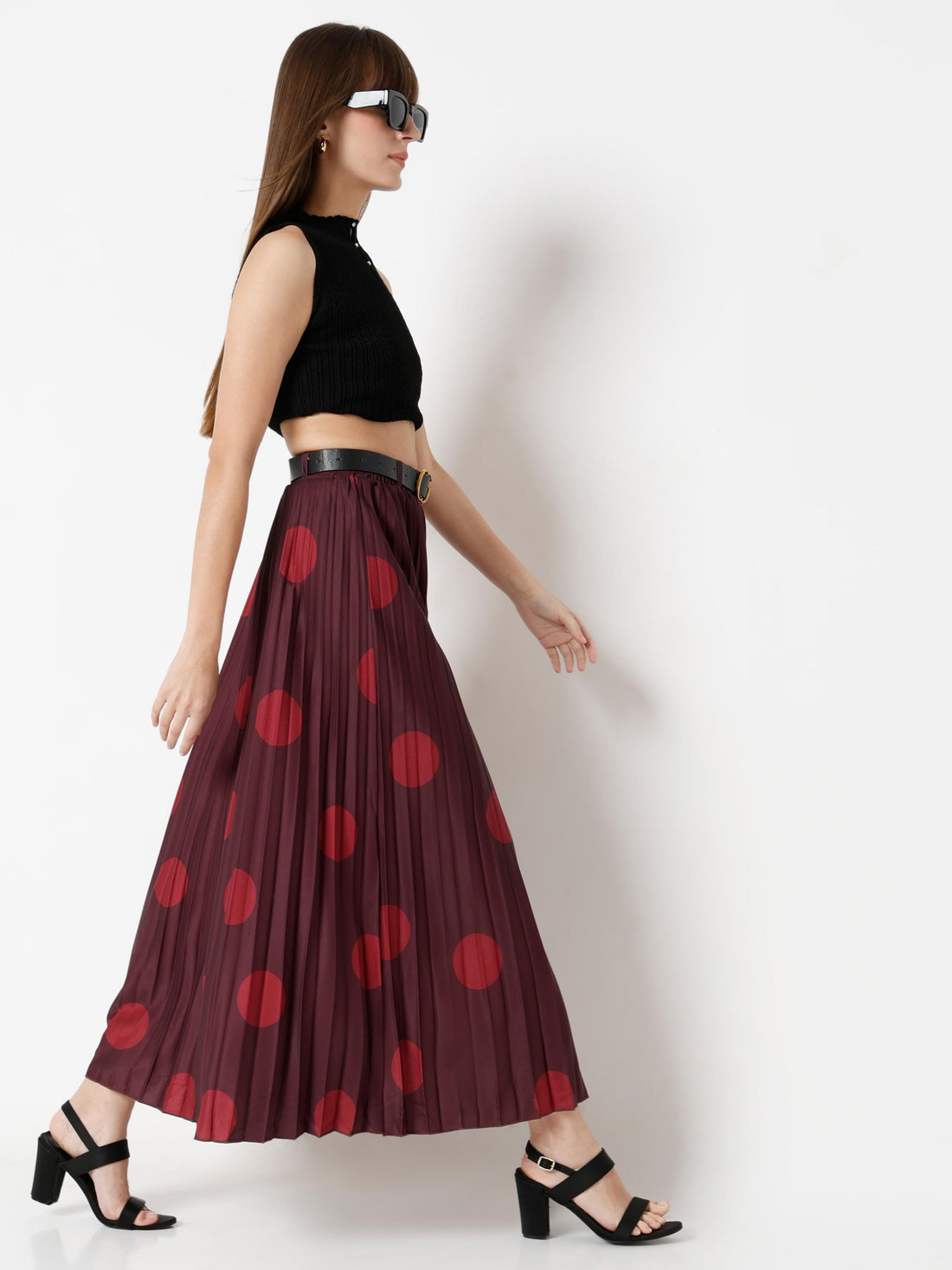 Pleated Polka Dot Pattern Maxi Skirt