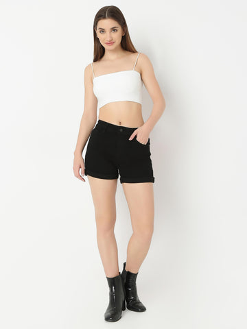 Mid-Rise Denim Shorts with Button and Zip Closure