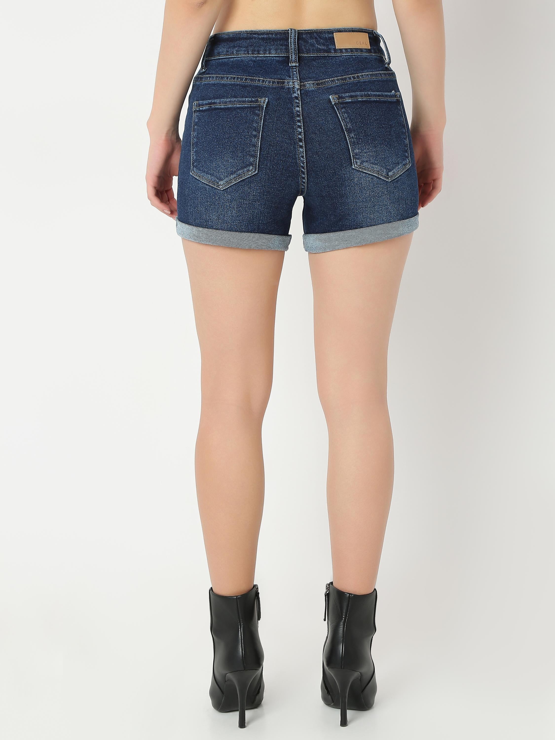Mid-Rise Denim Shorts with Button and Zip Closure