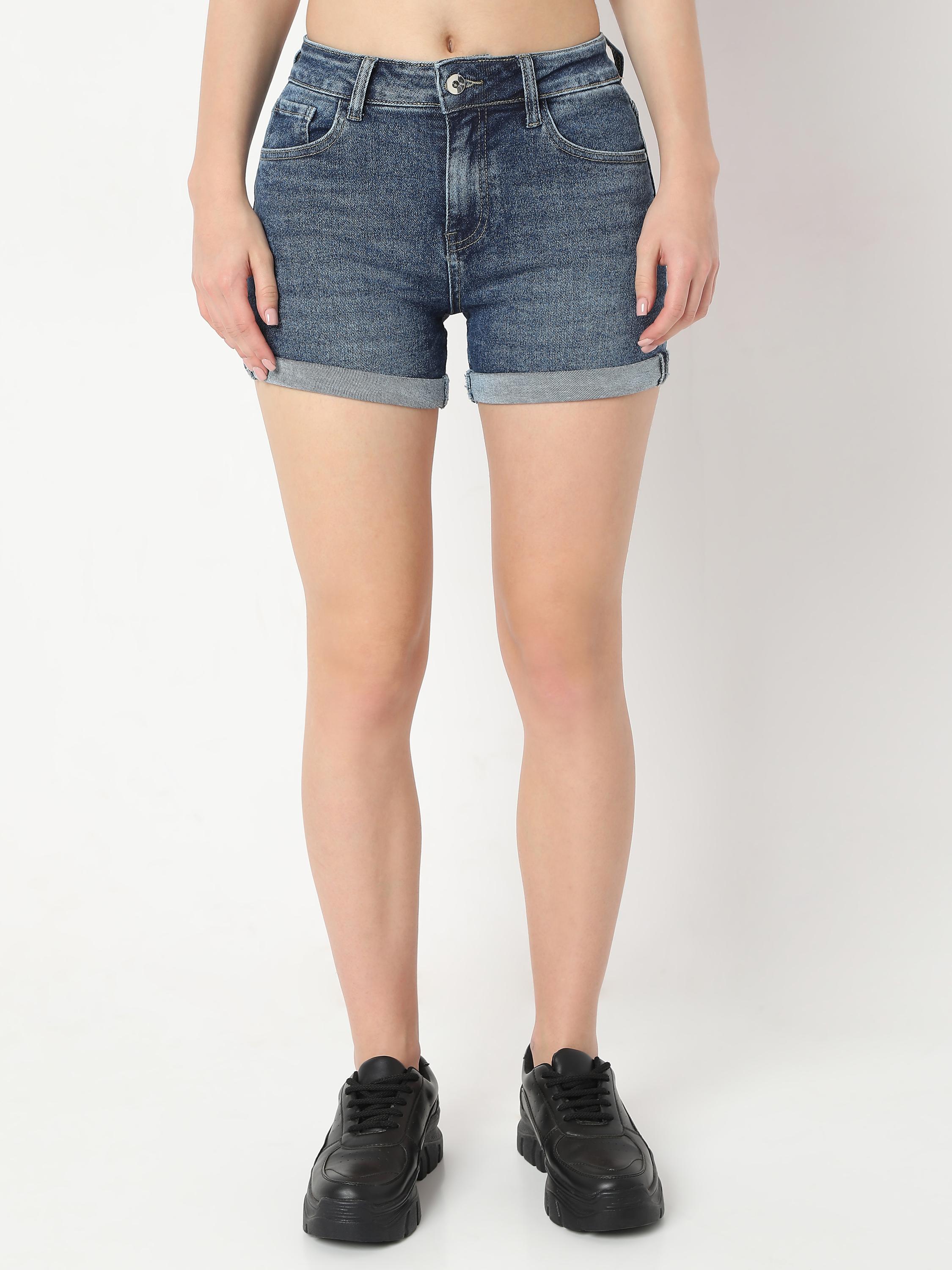 Mid-Rise Denim Shorts with Button and Zip Closure