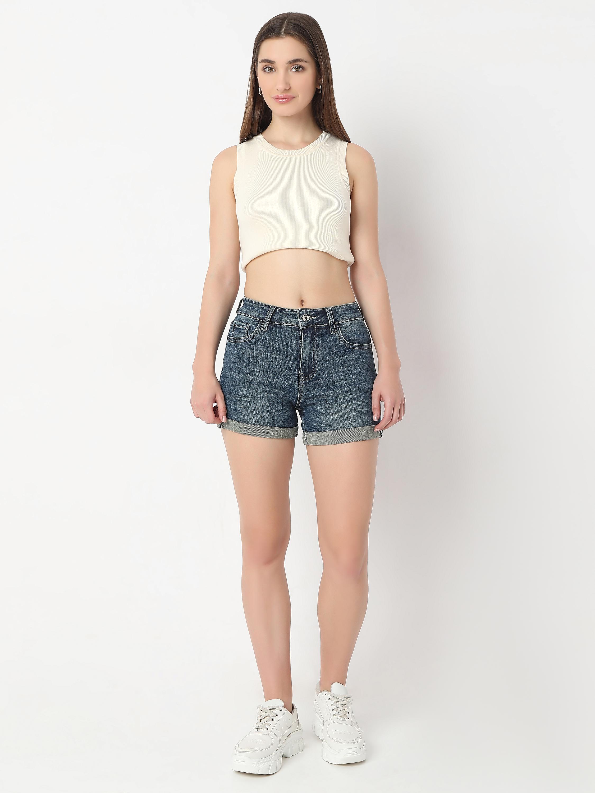 Mid-Rise Denim Shorts with Button and Zip Closure