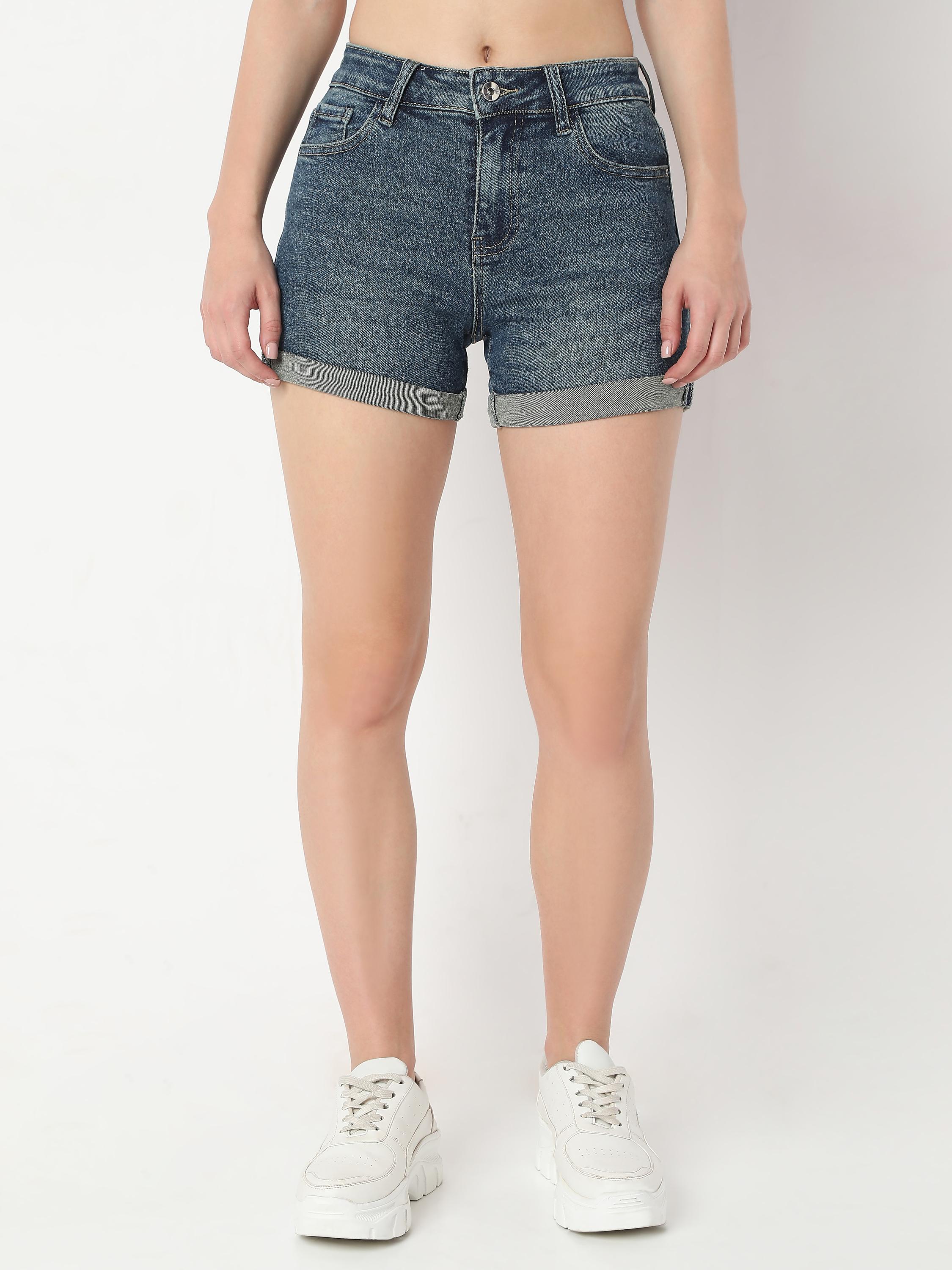 Mid-Rise Denim Shorts with Button and Zip Closure