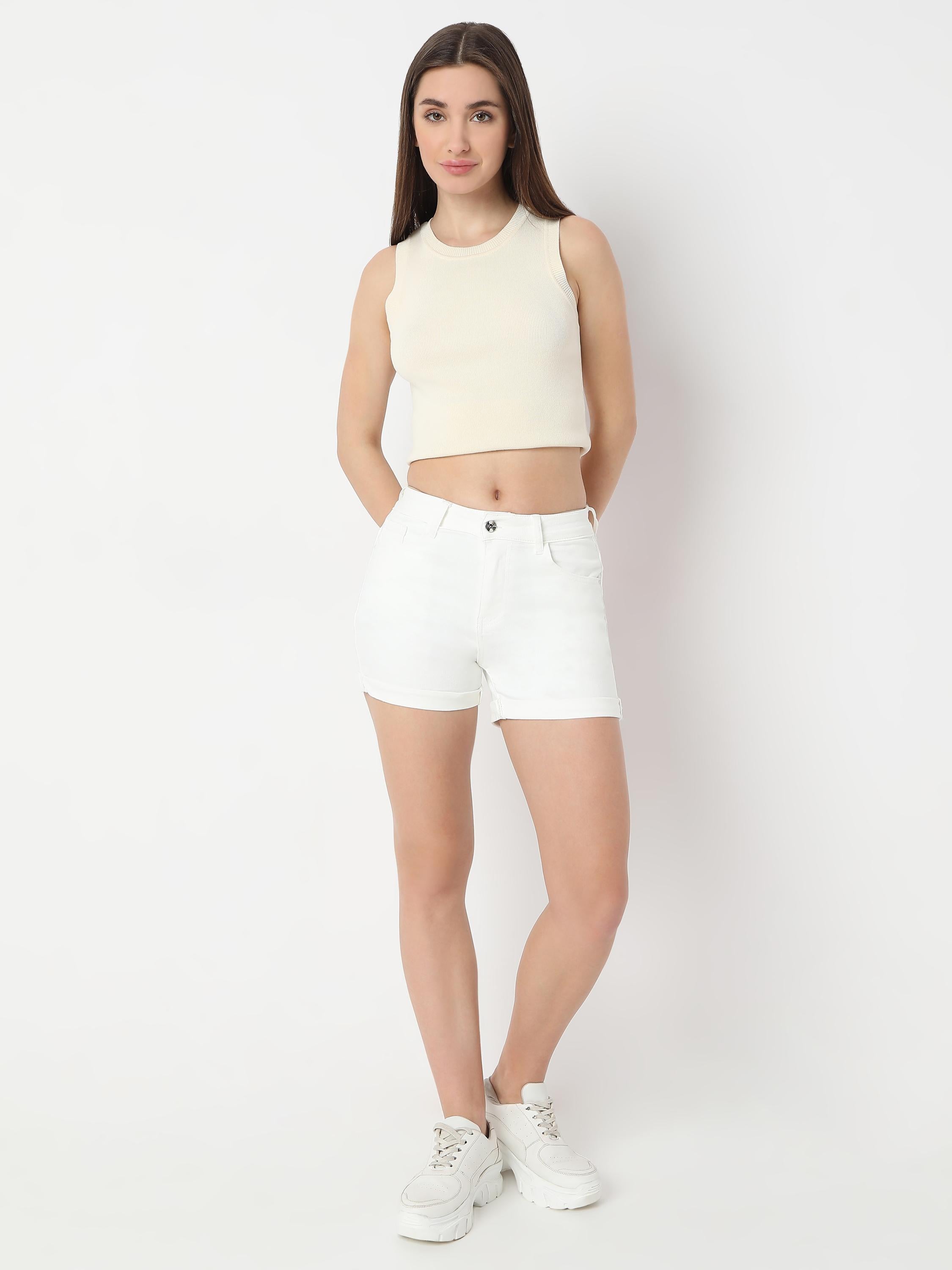 Mid-Rise Denim Shorts with Button and Zip Closure
