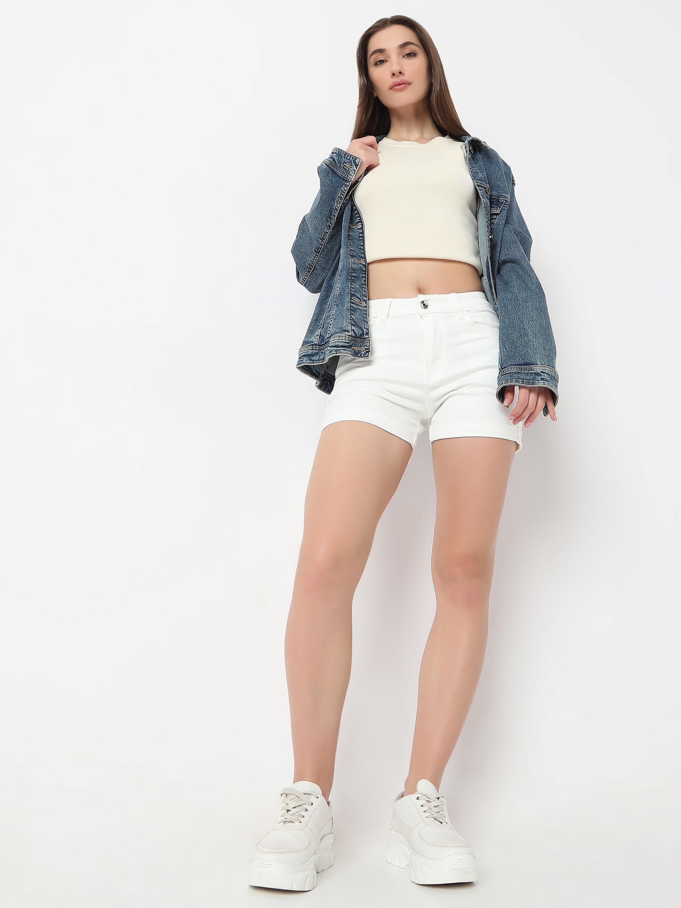 Mid-Rise Denim Shorts with Button and Zip Closure