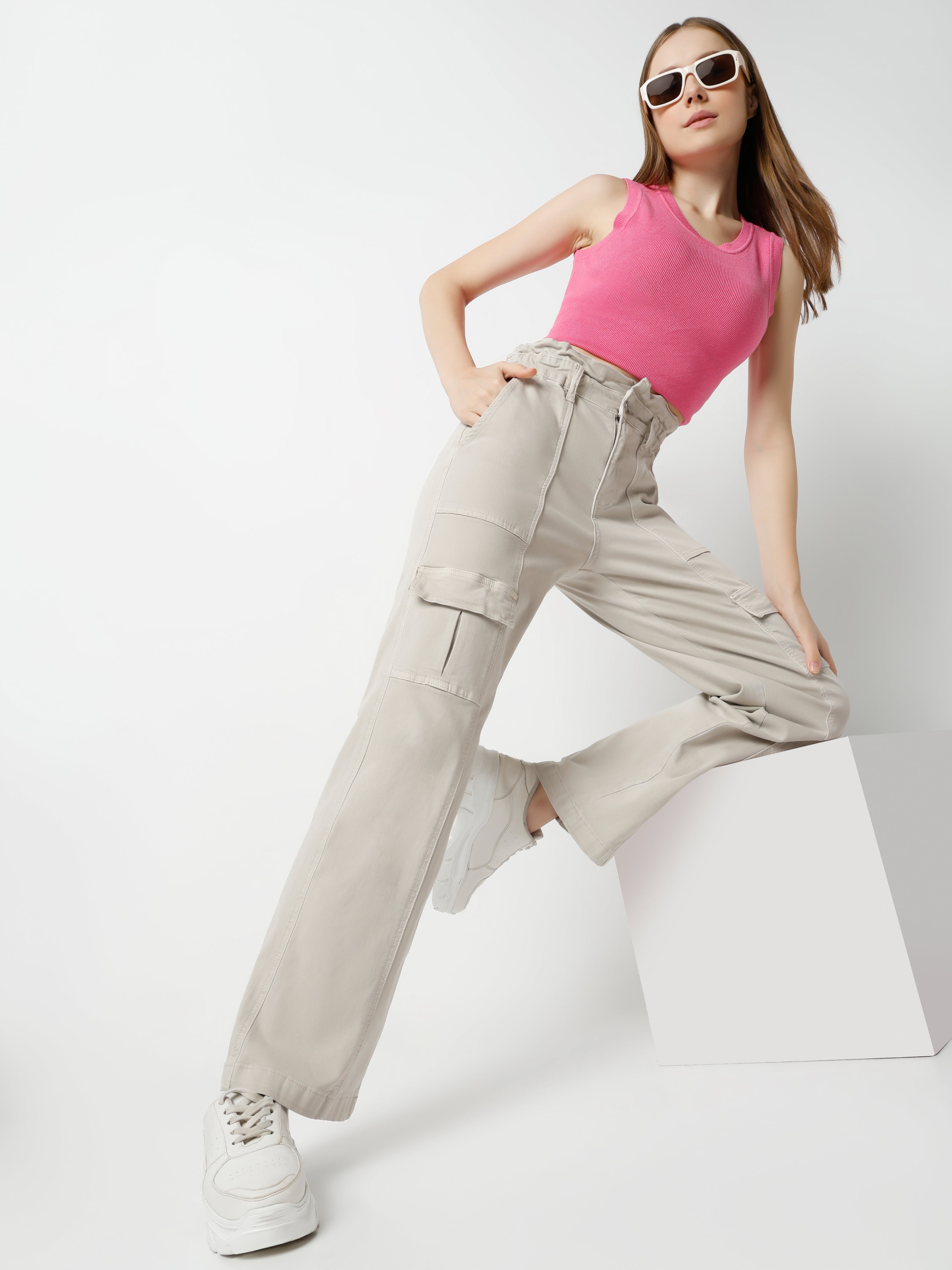 Women’s Beige Cargo Pants with Flap Pockets