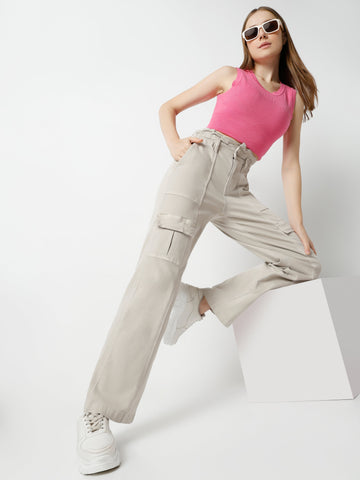 Women’s Beige Cargo Pants with Flap Pockets