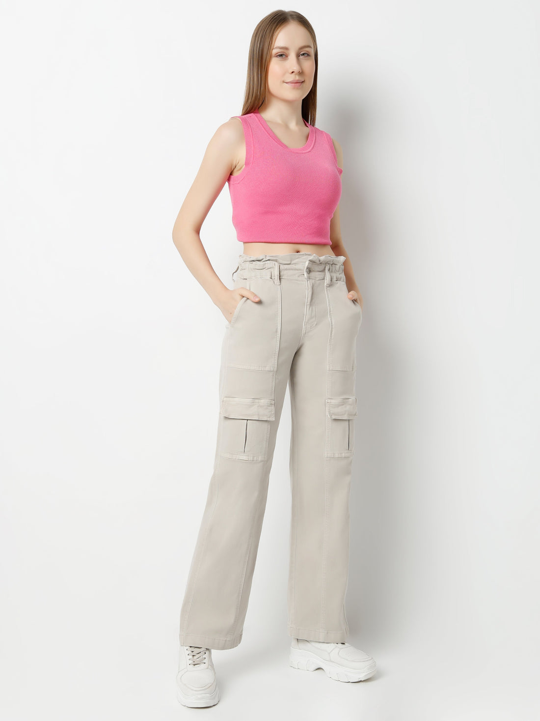 Women’s Beige Cargo Pants with Flap Pockets