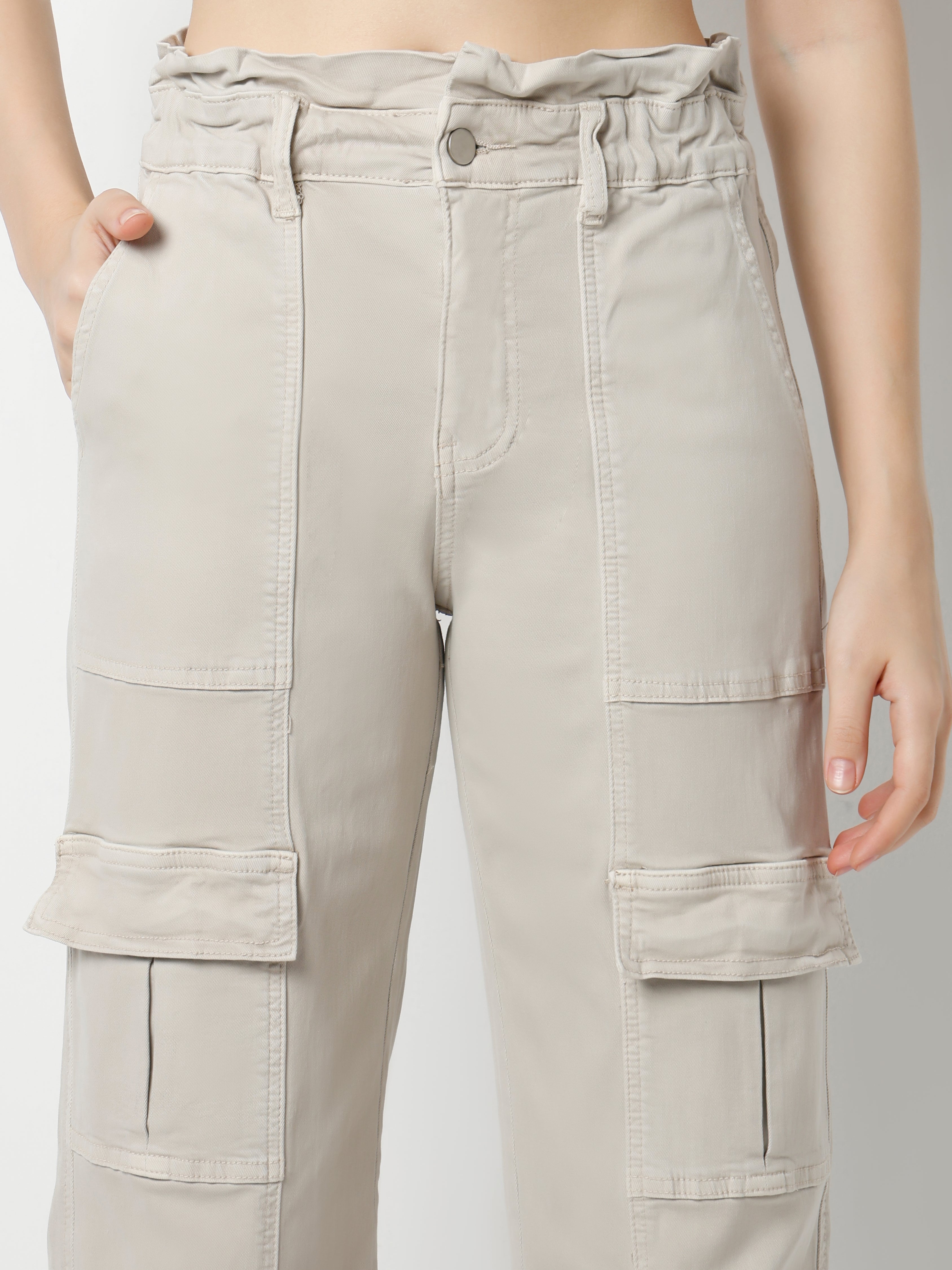Women’s Beige Cargo Pants with Flap Pockets