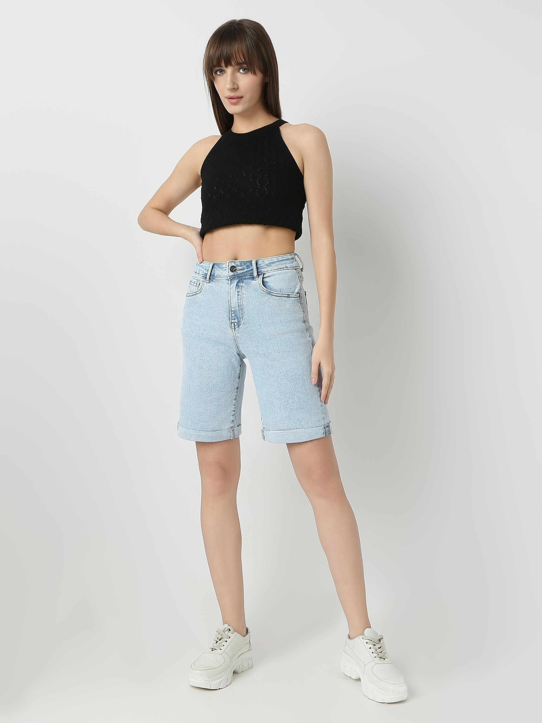 Mid-Length Denim Shorts with Rolled Hem