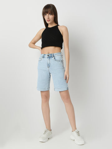 Mid-Length Denim Shorts with Rolled Hem