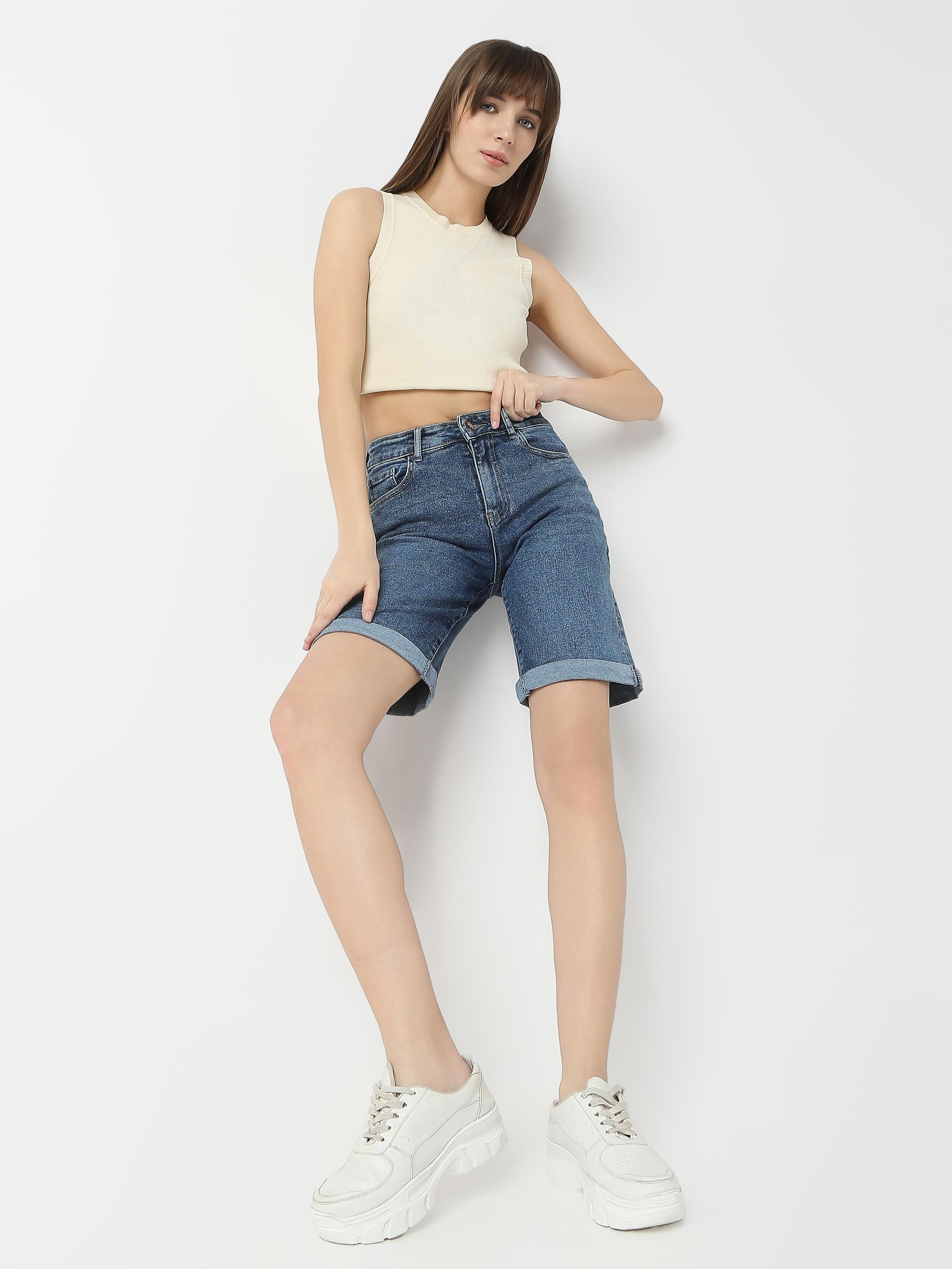 Mid-Length Denim Shorts with Rolled Hem