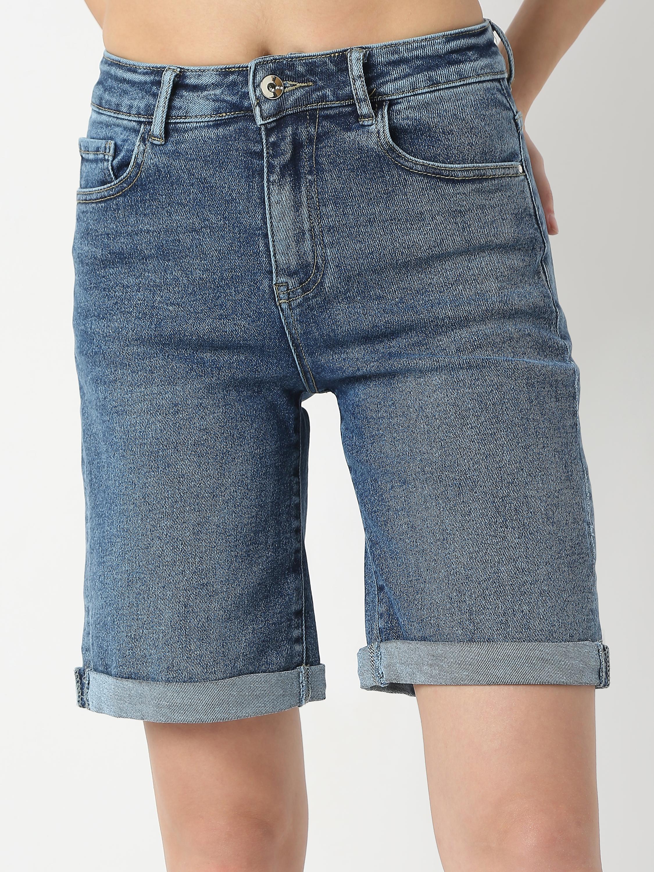 Mid-Length Denim Shorts with Rolled Hem