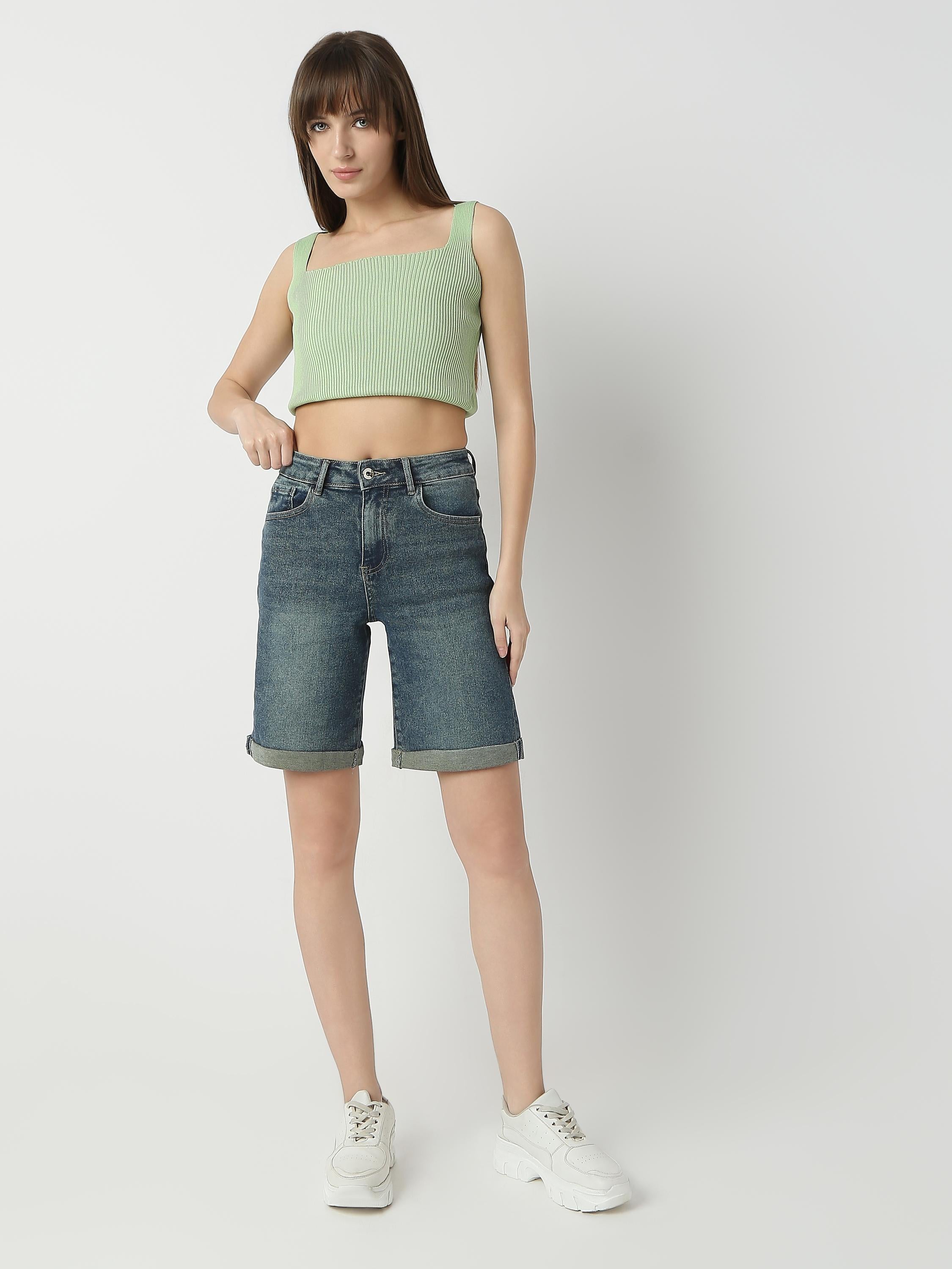 Mid-Length Denim Shorts with Rolled Hem