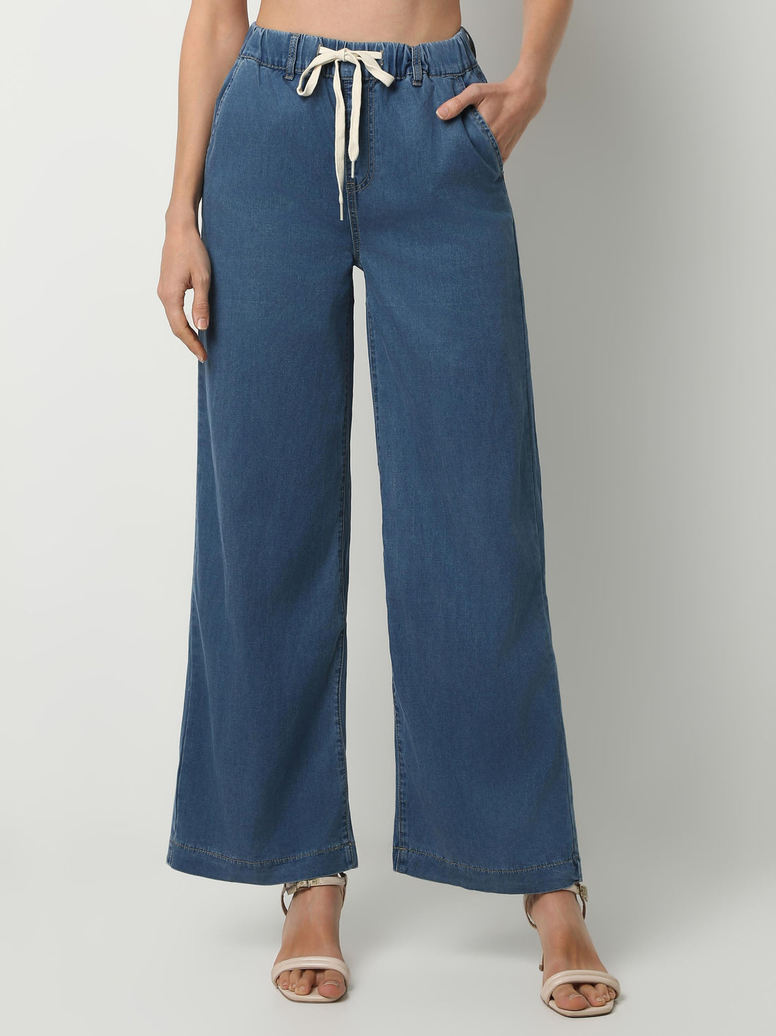 Wide-Leg Denim Pants with Elastic Drawstring Waist