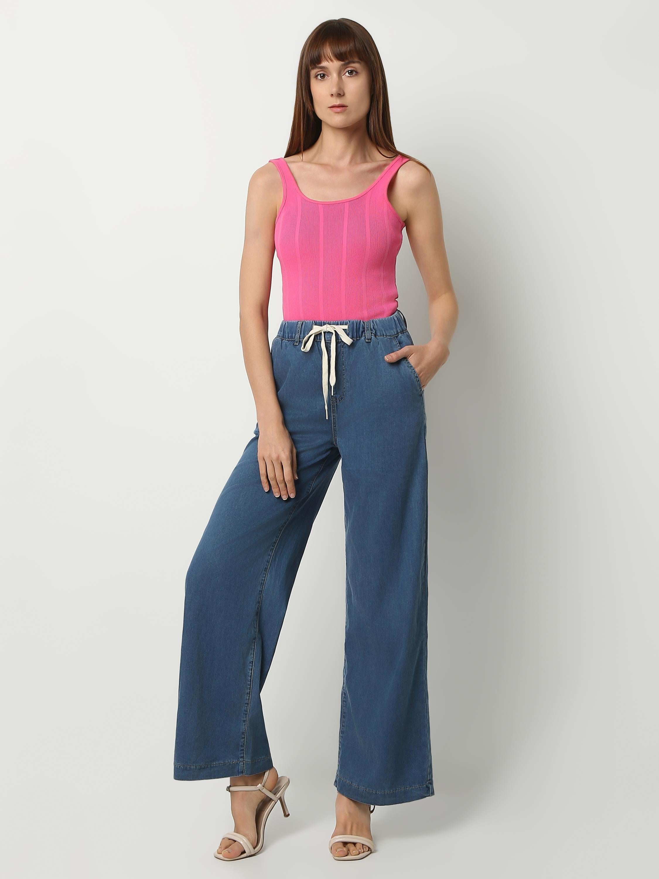 Wide-Leg Denim Pants with Elastic Drawstring Waist