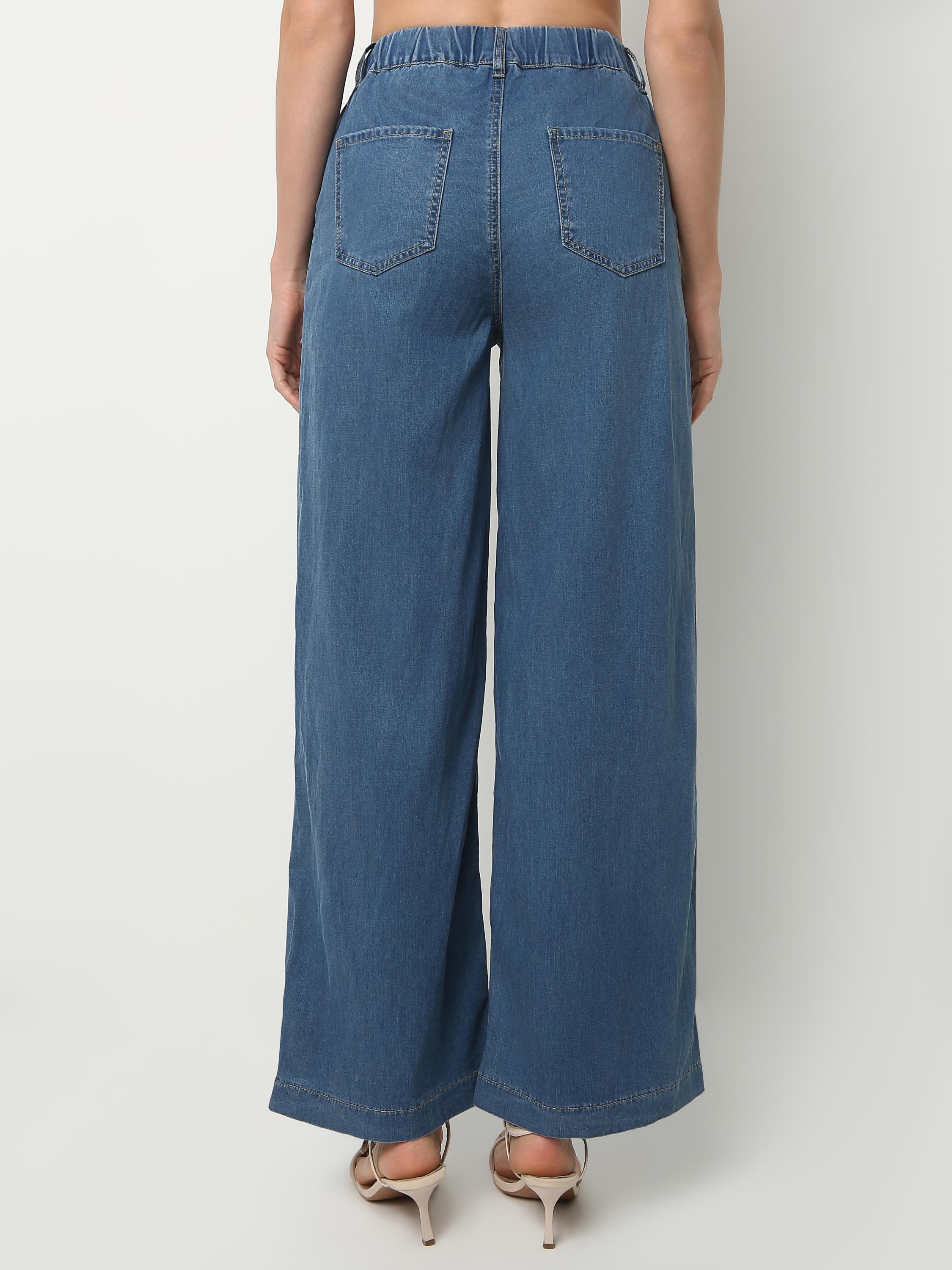 Wide-Leg Denim Pants with Elastic Drawstring Waist