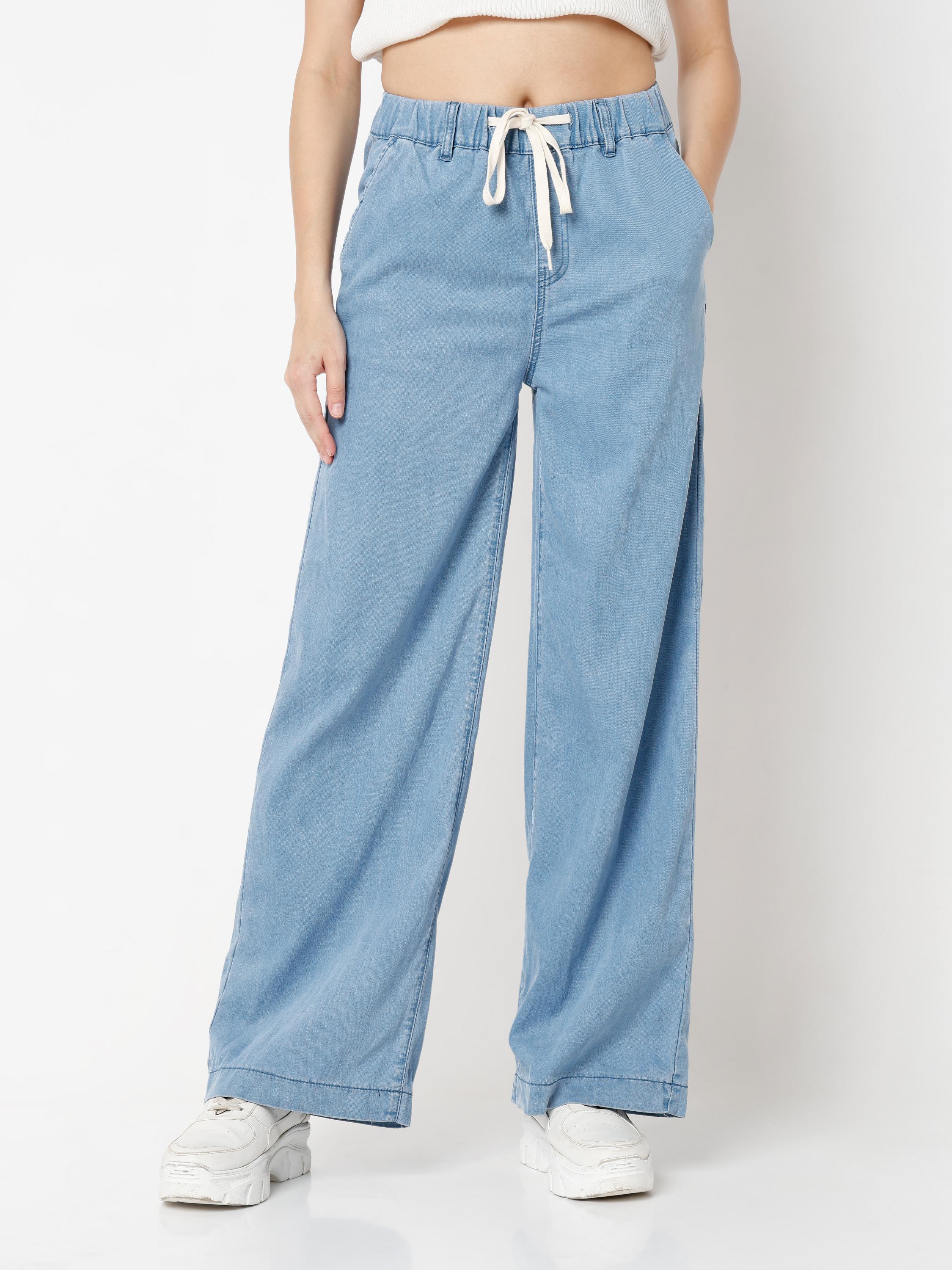 Wide-Leg Denim Pants with Elastic Drawstring Waist
