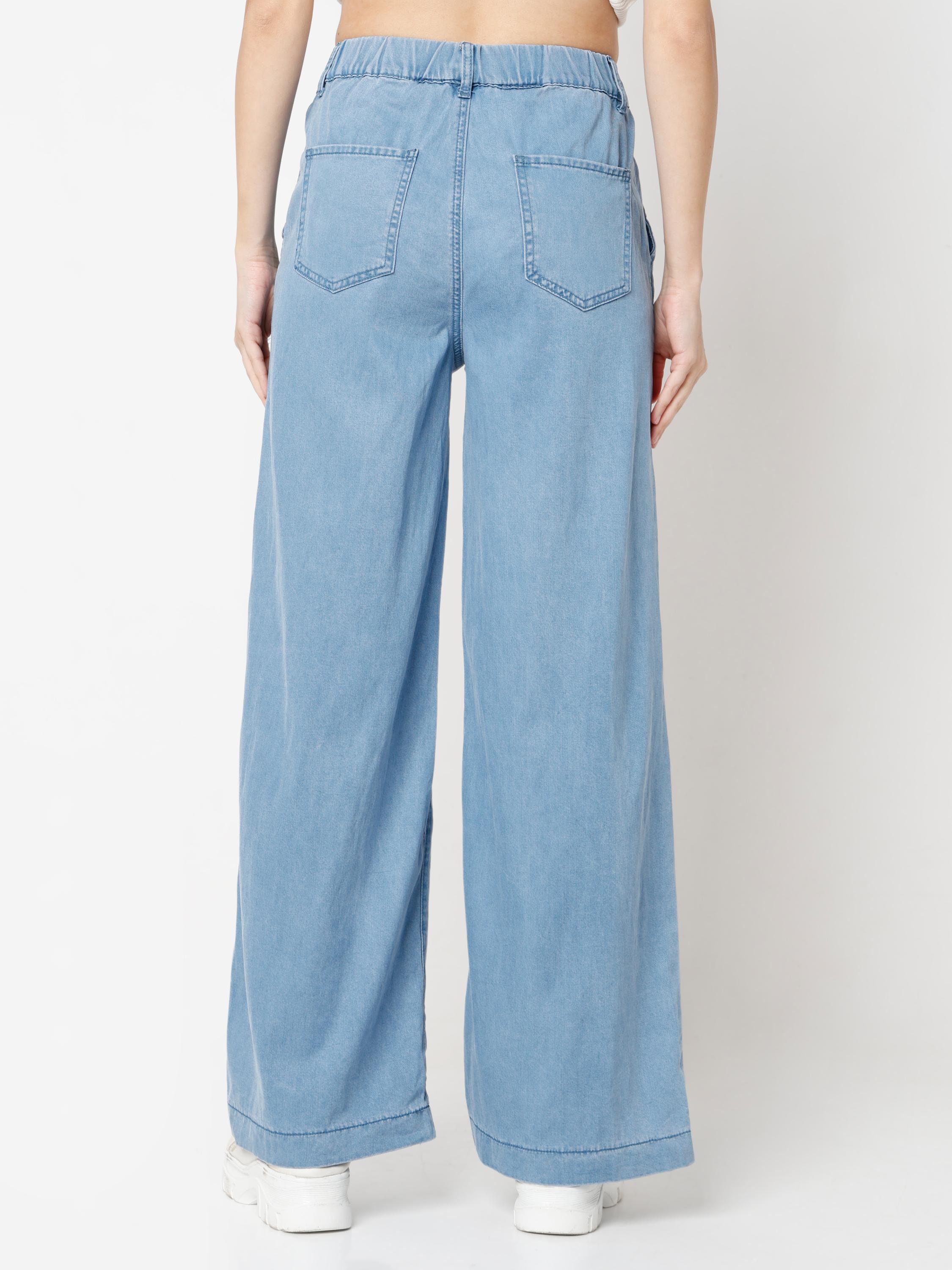 Wide-Leg Denim Pants with Elastic Drawstring Waist