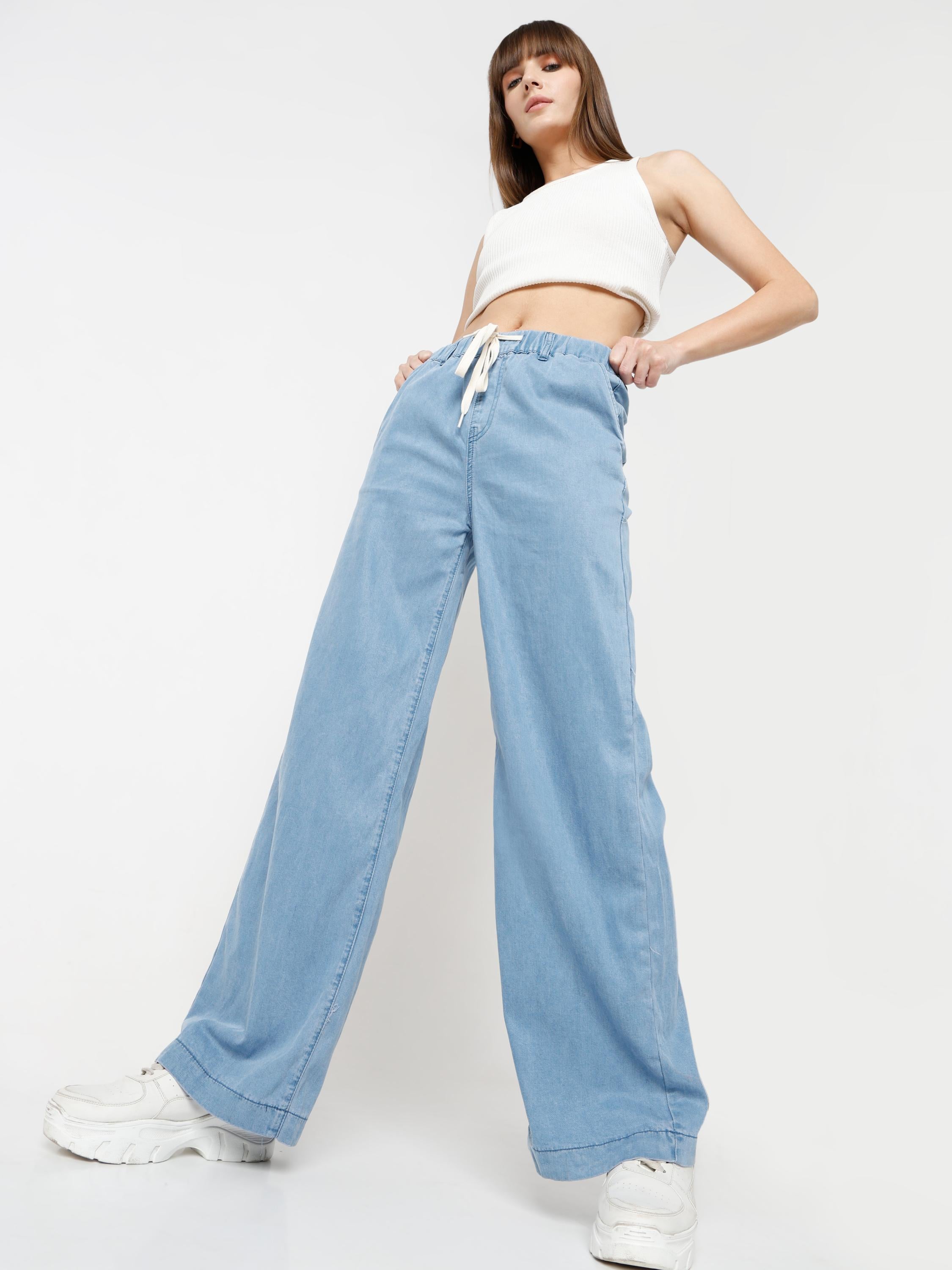 Wide-Leg Denim Pants with Elastic Drawstring Waist