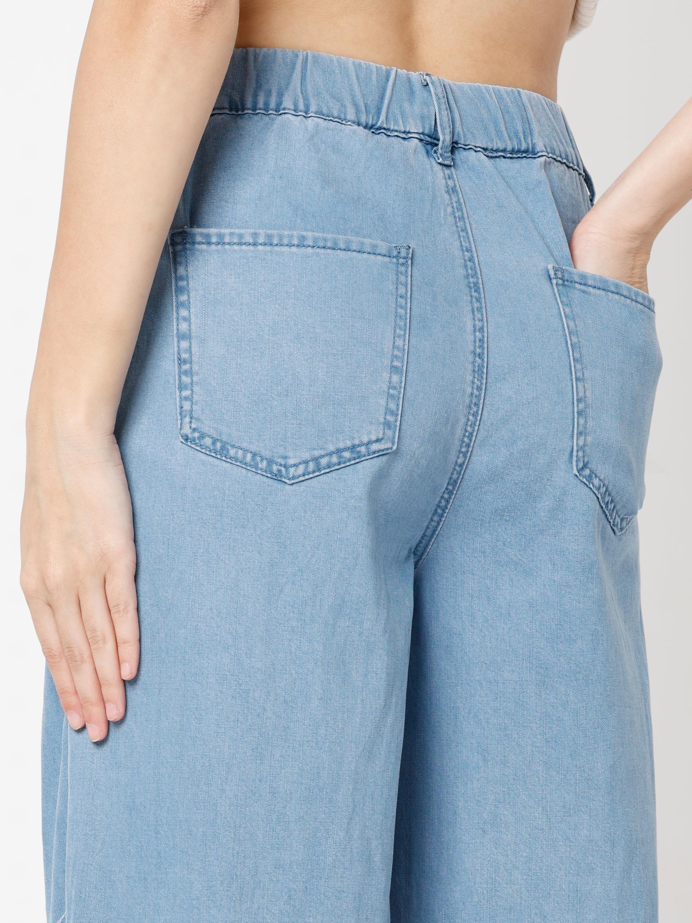 Wide-Leg Denim Pants with Elastic Drawstring Waist