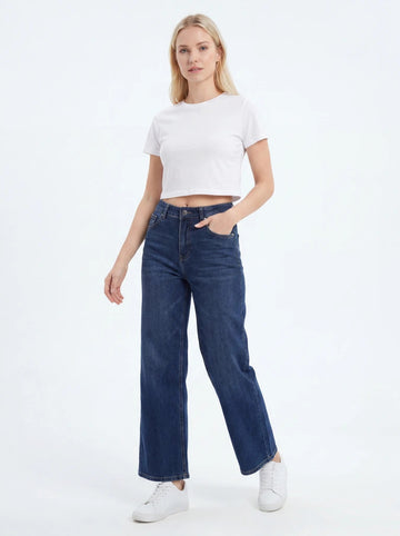 Dark Blue Straight-Leg High-Waist Denim Jeans