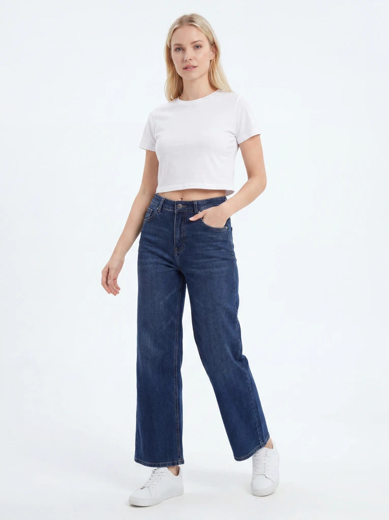 Dark Blue Straight-Leg High-Waist Denim Jeans