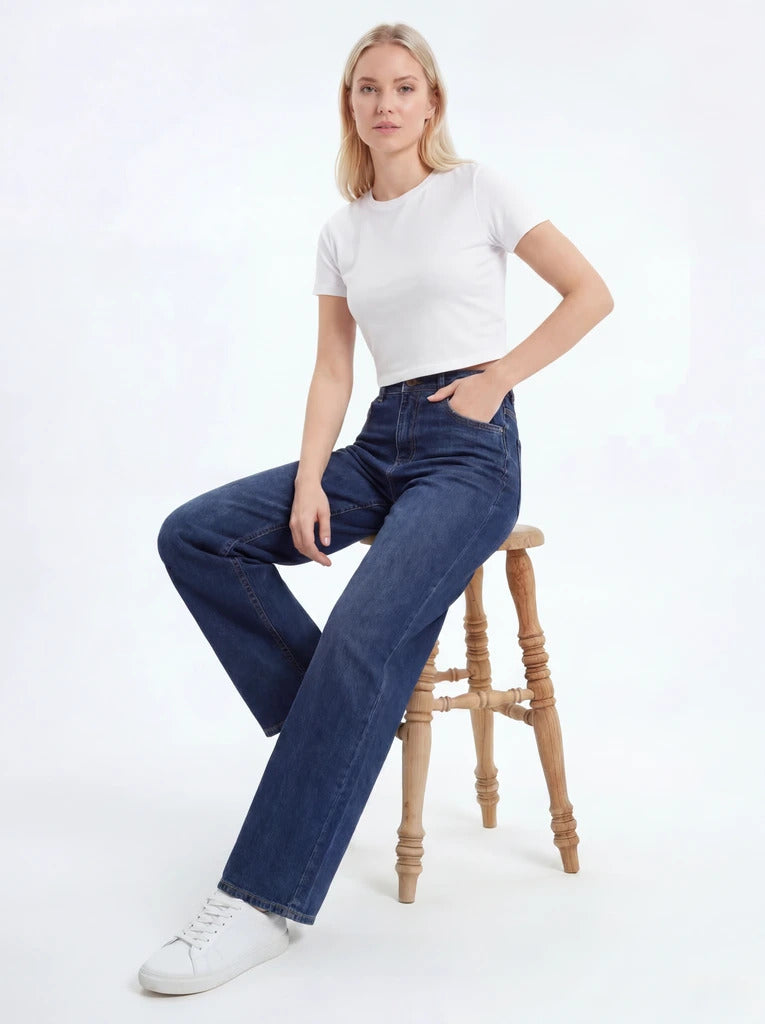 Dark Blue Straight-Leg High-Waist Denim Jeans