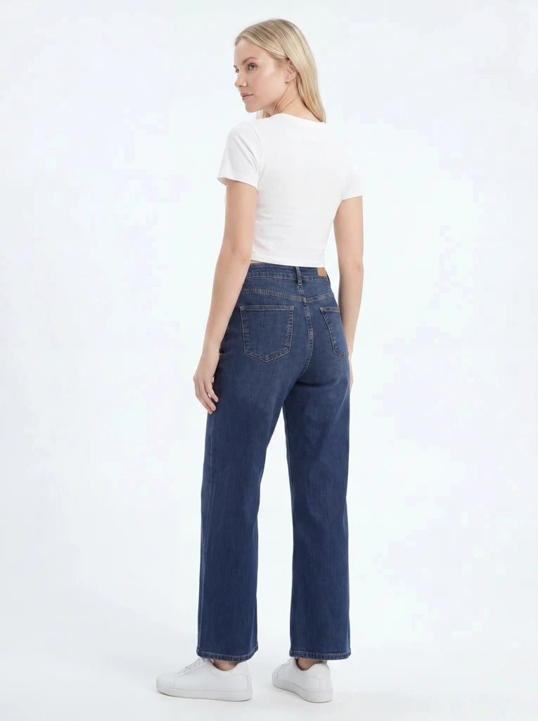 Dark Blue Straight-Leg High-Waist Denim Jeans