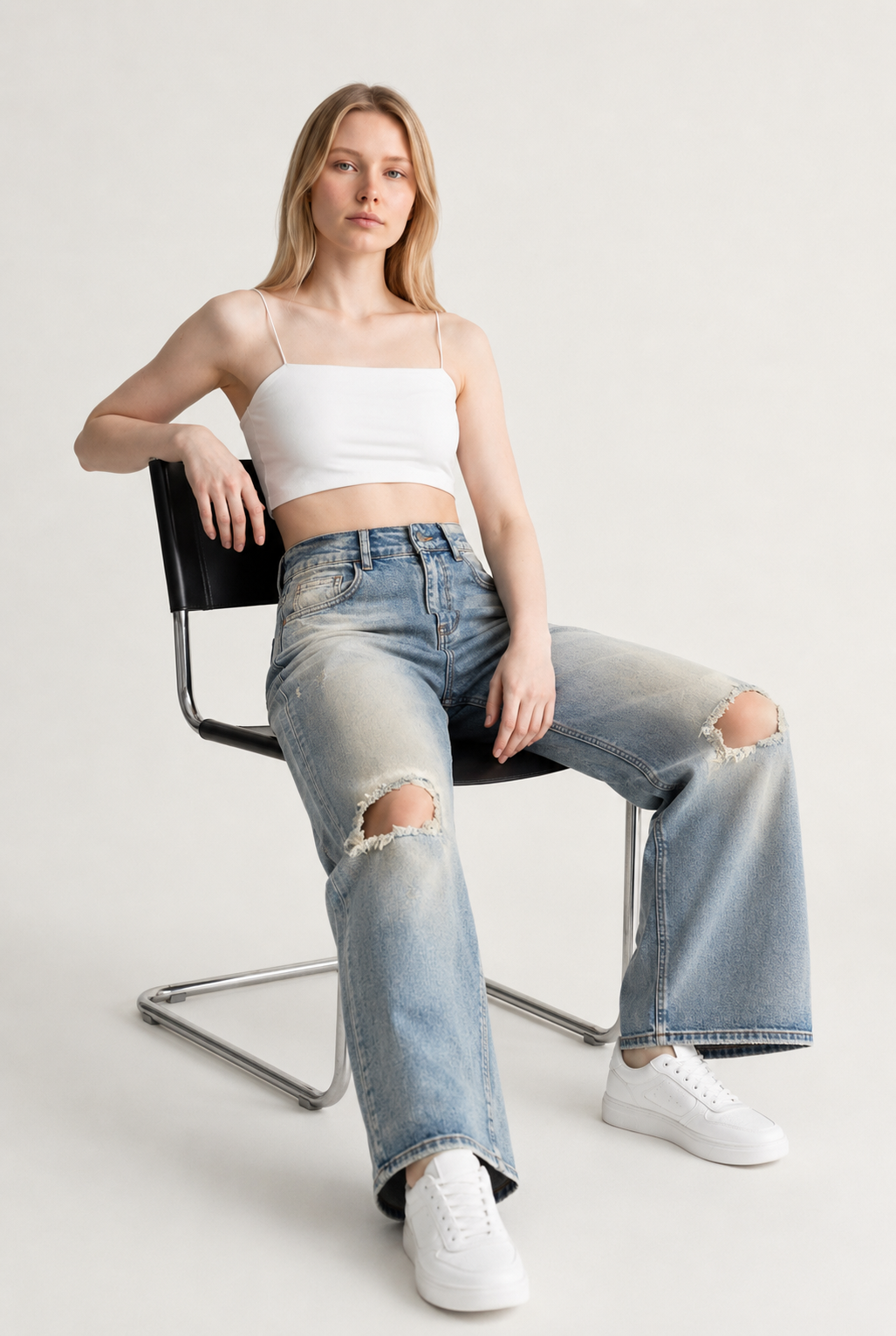 Distressed Light Blue Wide-Leg Ripped Jeans