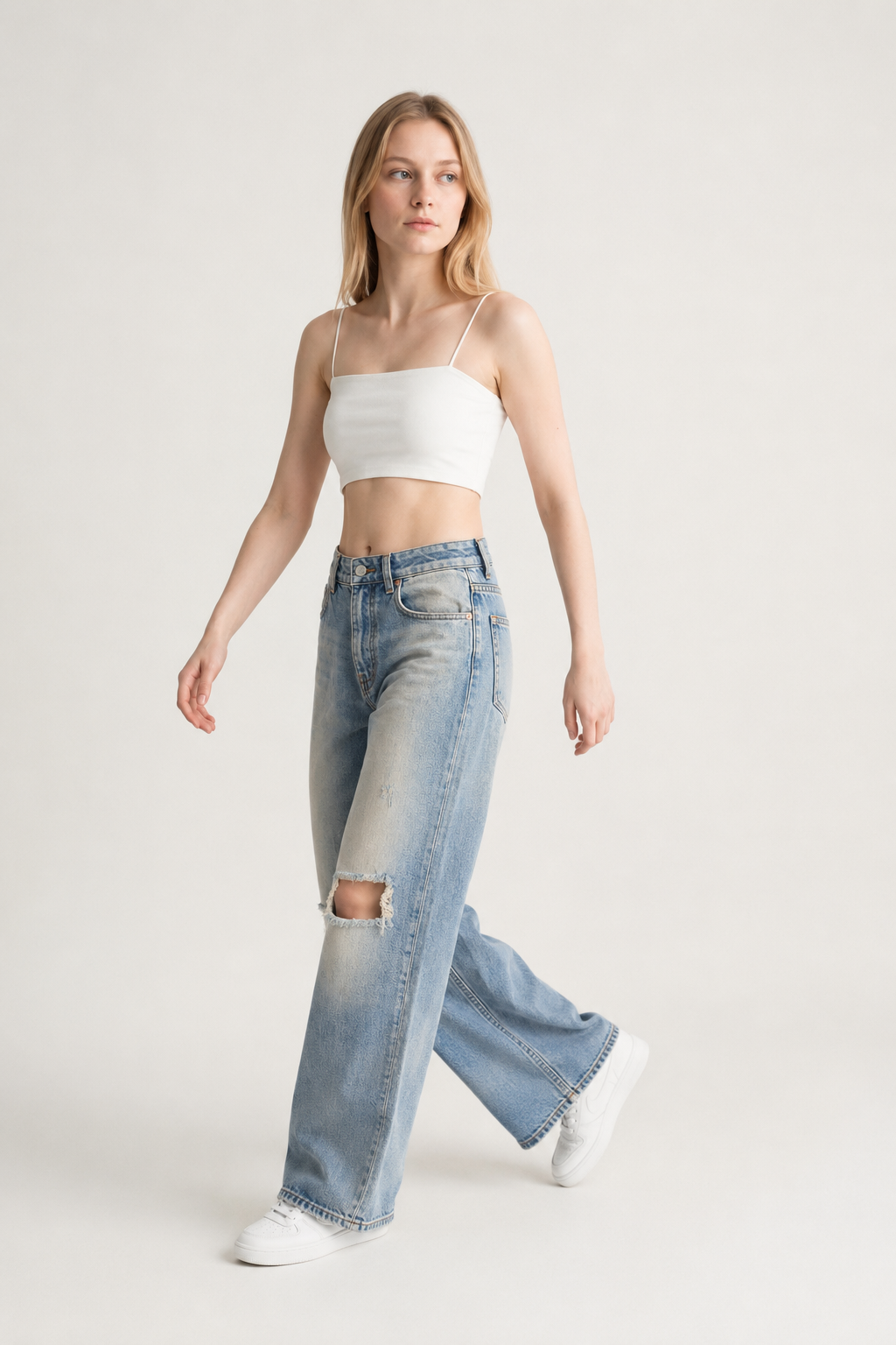 Distressed Light Blue Wide-Leg Ripped Jeans
