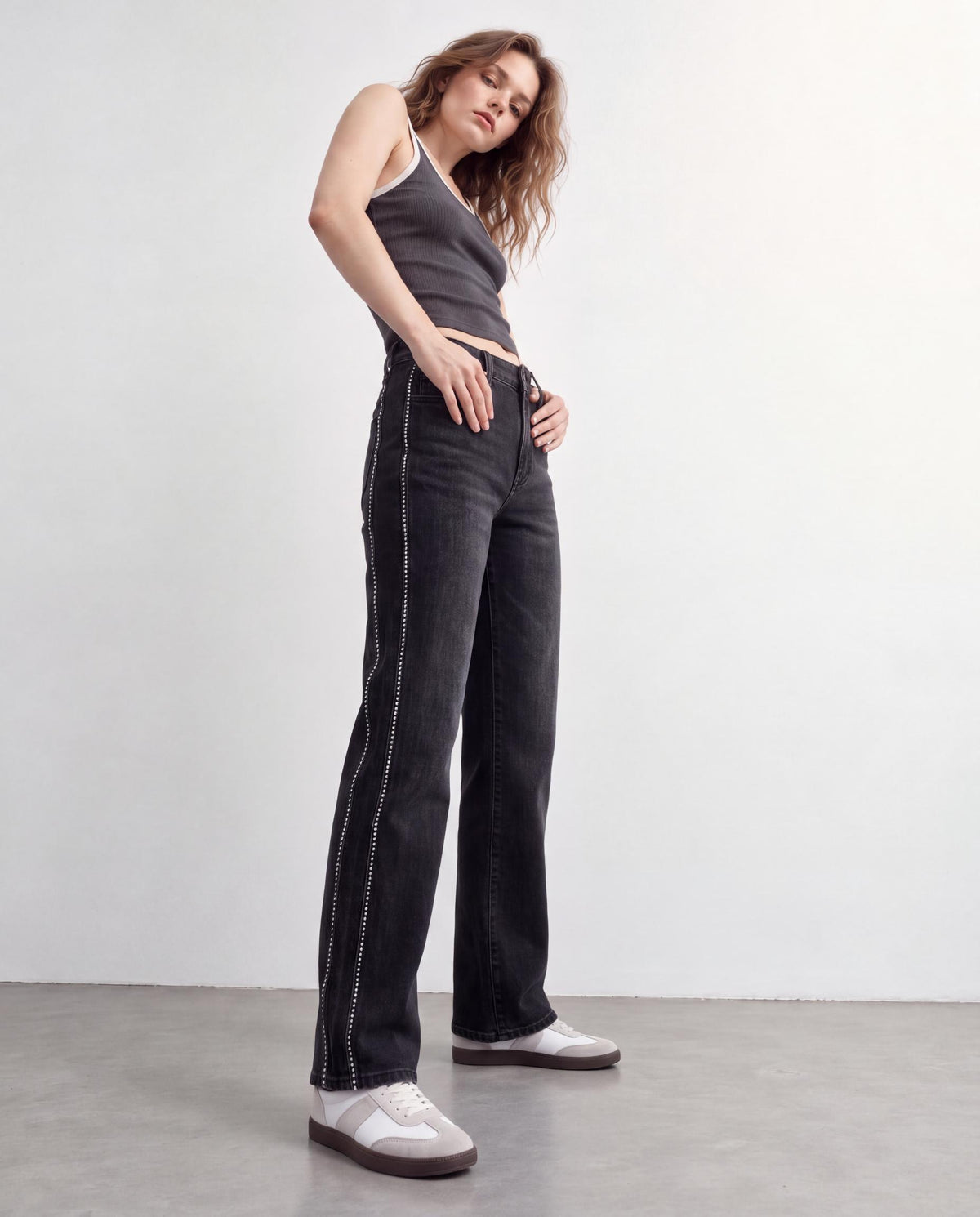 Rhinestone Side Stripe High Rise Wide Leg Jeans