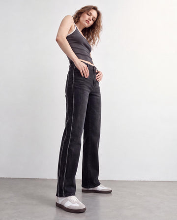 Rhinestone Side Stripe High Rise Wide Leg Jeans