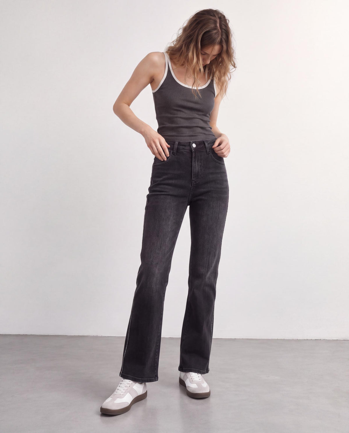 Rhinestone Side Stripe High Rise Wide Leg Jeans