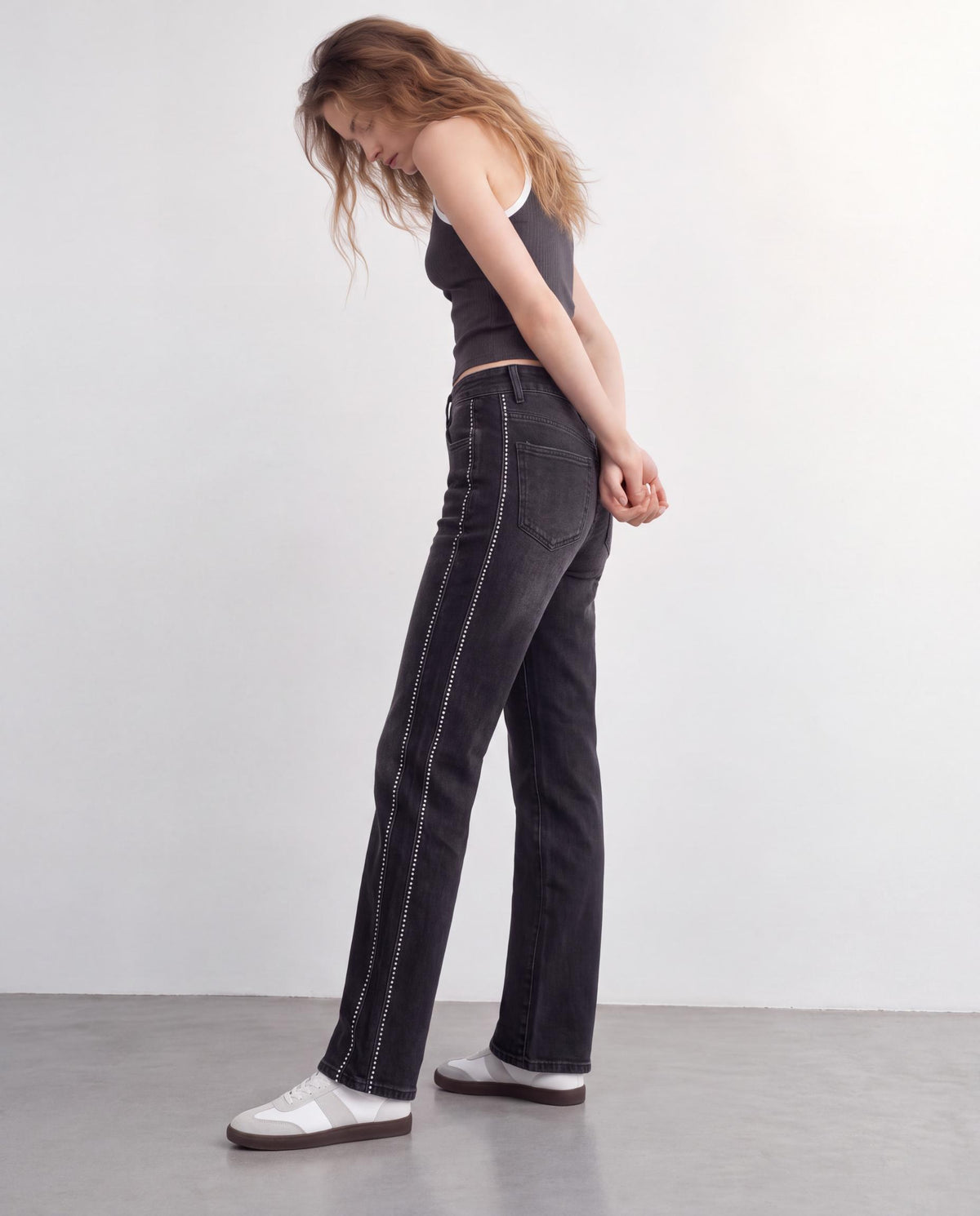 Rhinestone Side Stripe High Rise Wide Leg Jeans