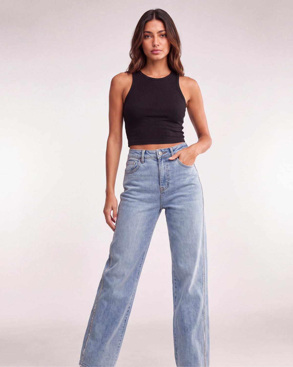 Rhinestone Side Stripe High Rise Wide Leg Jeans