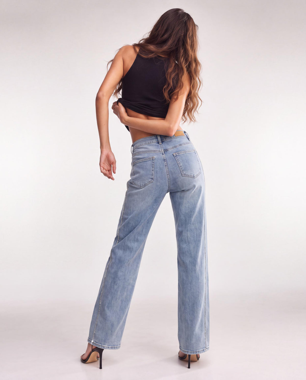 Rhinestone Side Stripe High Rise Wide Leg Jeans