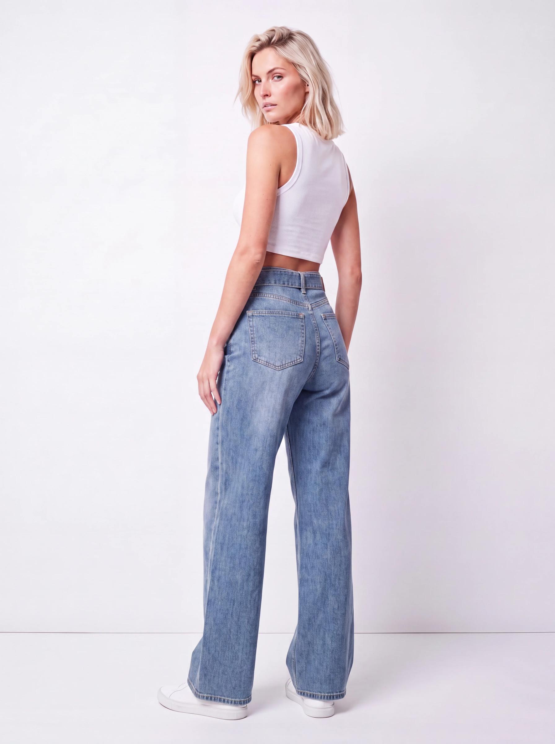 High-Rise Wide Leg Denim Jeans with Belt