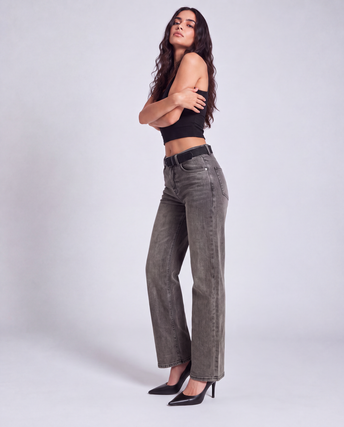 Belted High Rise Wide Leg Jeans