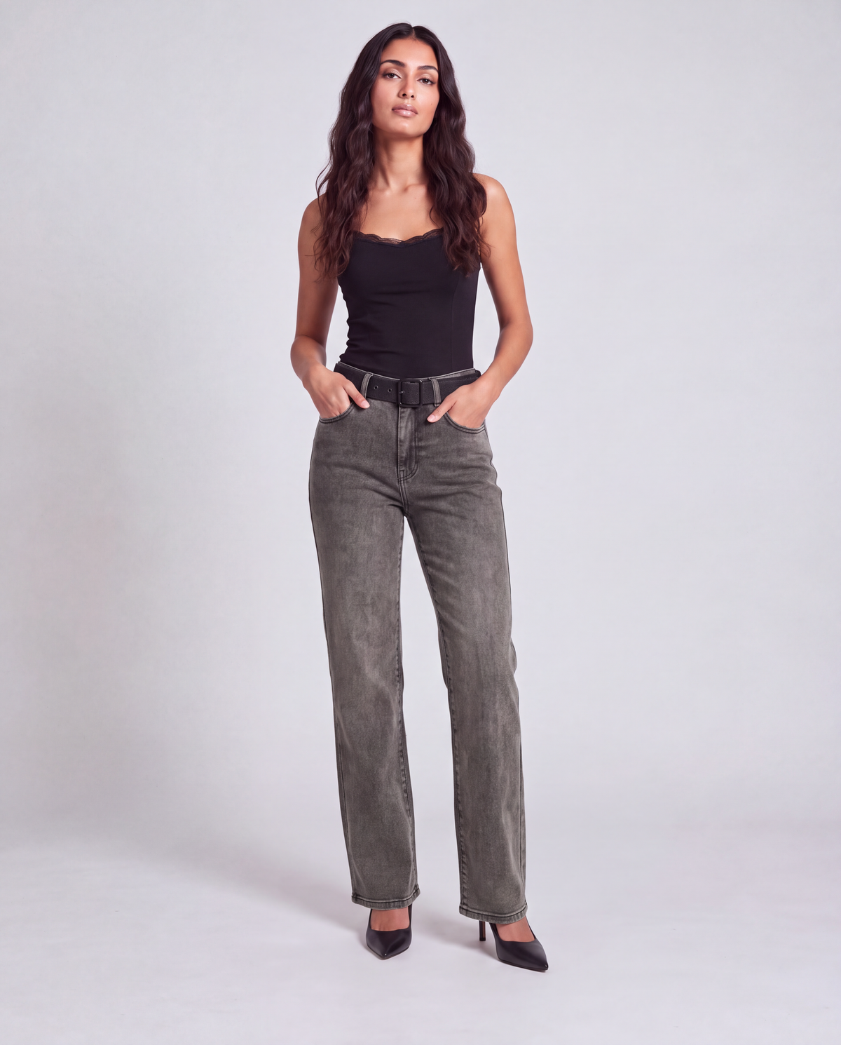 Belted High Rise Wide Leg Jeans