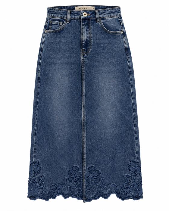 Floral Cutwork Denim Midi Skirt with Back Slit