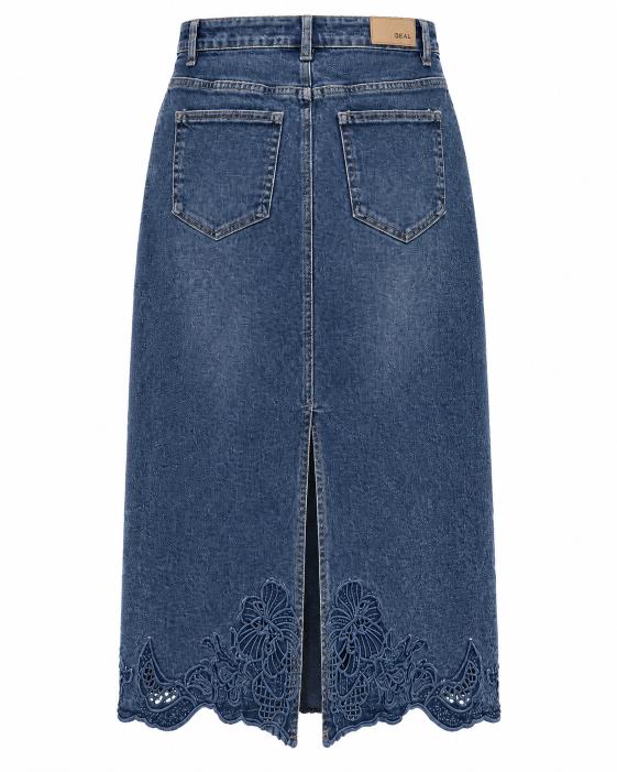 Floral Cutwork Denim Midi Skirt with Back Slit